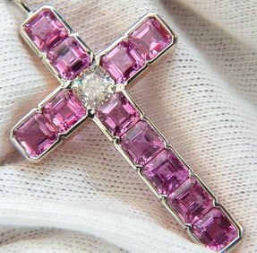 18KT GIA 10.41CT NATURAL PINK SAPPHIRE DIAMOND CROSS PENDANT NECKLACE+