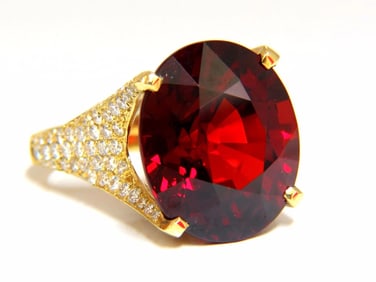 26.31ct GIA NATURAL RED SPESSARTITE GARNET DIAMONDS RAISED CROWN RING 18KT+