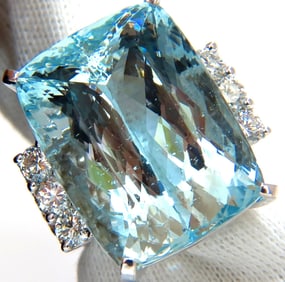 GIA 39.10ct NATURAL CUSHION CUT AQUAMARINE DIAMONDS RING 14kt VIVID AQUA+
