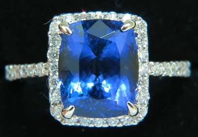 NATURAL 6.23CT TANZANITE HALO DIAMOND RING A+ CUSHION CUT & LUSTER VS+