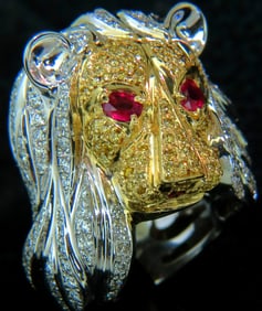 18KT ITALY UNISEX HUGE 3.40CT DIAMONDS RUBY LIONESS RING 18KT+