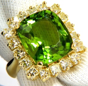 GIA Certified 15.25ct natural vivid green peridot diamonds ring 18kt cluster +