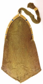 14KT GOLD PURSE LADIES VINTAGE 1.00ct SAPPHIRE DIAMONDS FLEX MESH STRAP HANDLE+