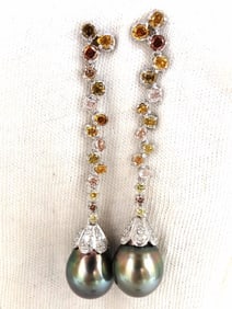 12.70mm NATURAL TAHITIAN PEARLS DANGLE COLOR DIAMOND EARRINGS 14KT +