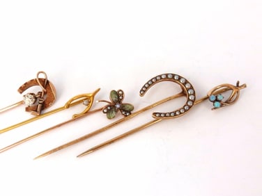 LOT OF (6) ANTIQUE HAT PINS COLLECTOR CLASSIC HORSESHOE JICKEY IRISH CLOVER+