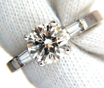 GIA 1.51ct. Round Brilliant Excellent cut diamond .30ct baguette ring Platinum+