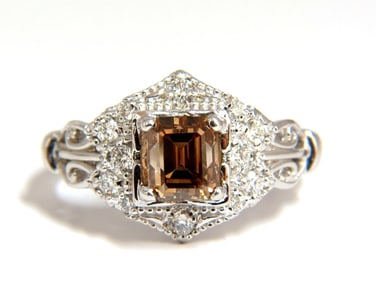 1.39ct NATURAL FANCY BROWN EMERALD CUT DIAMOND RING VS2 VICTORIAN DECO+