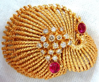 14KT VINTAGE 1.25CT DIAMOND 3D MOLLUSK SEA SHELL BROOCH PIN BARLEY TWIST+