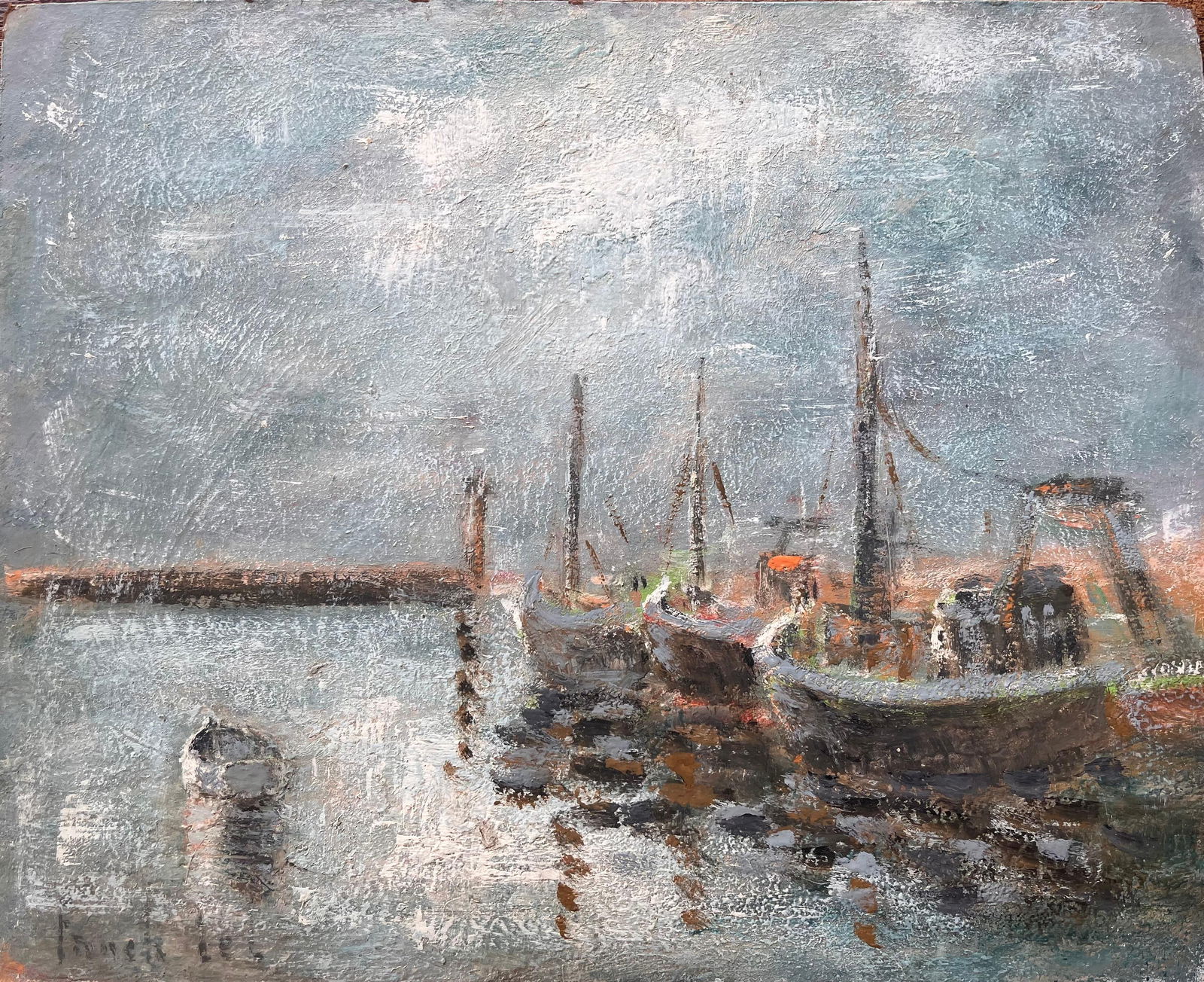Fanch Lel; French Impressionist Fishing Boats at Rest in Misty Harbour Bateaux au Repos (1 of 14)