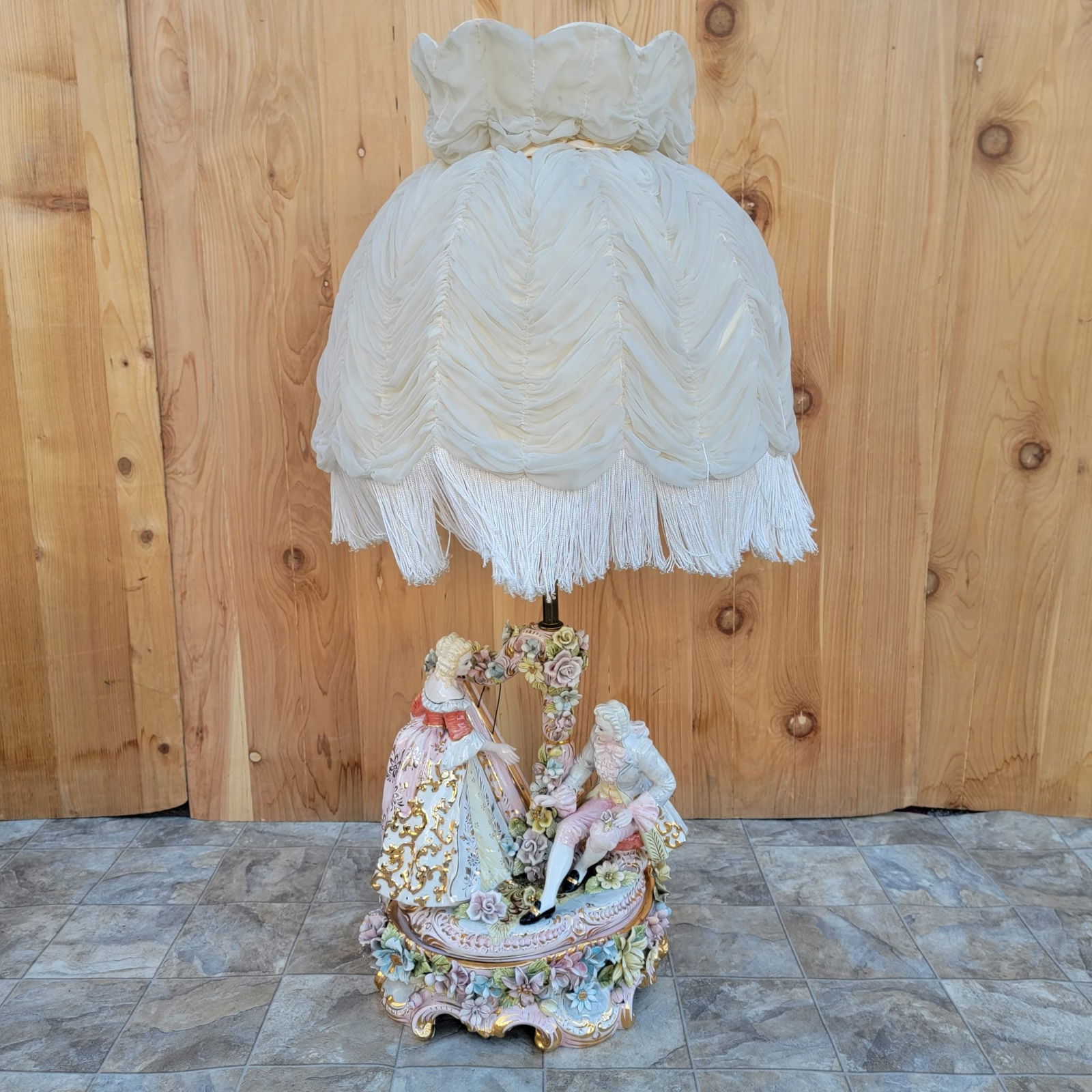 Vintage Victorian Italian Capodimonte Porcelain Table Lamp with Shade: Vintage from the 1930s Materials: Ceramic Width: 19 inches Height: 39 inches Depth: 10 inches Vintage Victorian Italian Capodimonte Porcelain Table Lamp with Shade This beautiful antique Capodimonte h