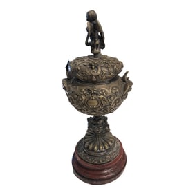 Late 19th Century Silver-Tone Metal Ornate Urn With Marble Base