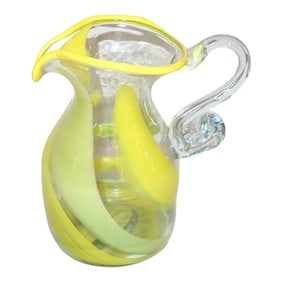 1980s Italian Murano Glass Modern Pitcher Jug With Yellow Lime Green Filigrana