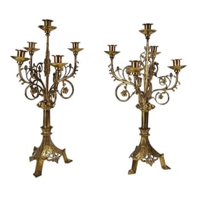 Pair Brass Viollet-Le-Duc Candelabras Candlesticks