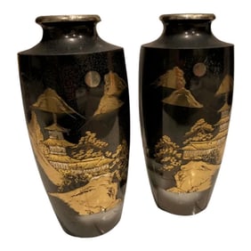 Mid 20th Century Japanese Black and Gold Vases - a Pair