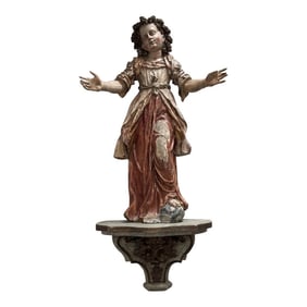 17th-Century Polychrome Wood Sculpture With Antique-Style Wall Bracket