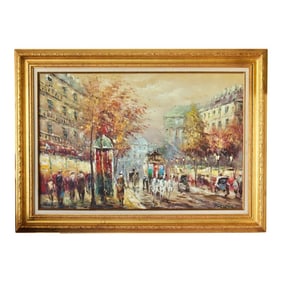 Early 1900s Roberte Chevalier Large City of Paris Oil Painting