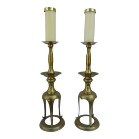 Grand-Scale Brass Japanese Style Pricket Candle Holders