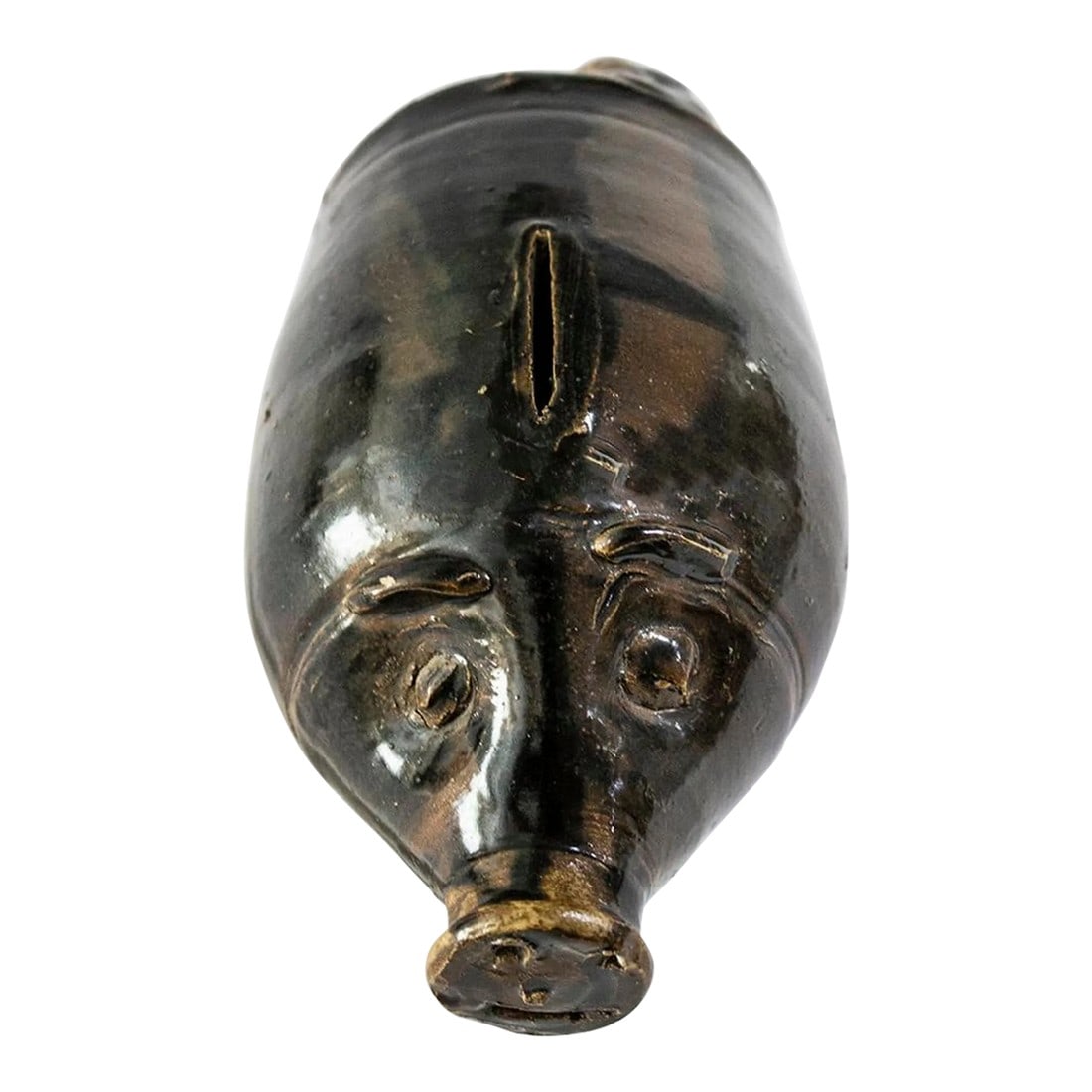 Antique Southern Slip Glazed Stoneware Pig Face Jug Bank - Folk Art Brown Pottery (1 of 9)