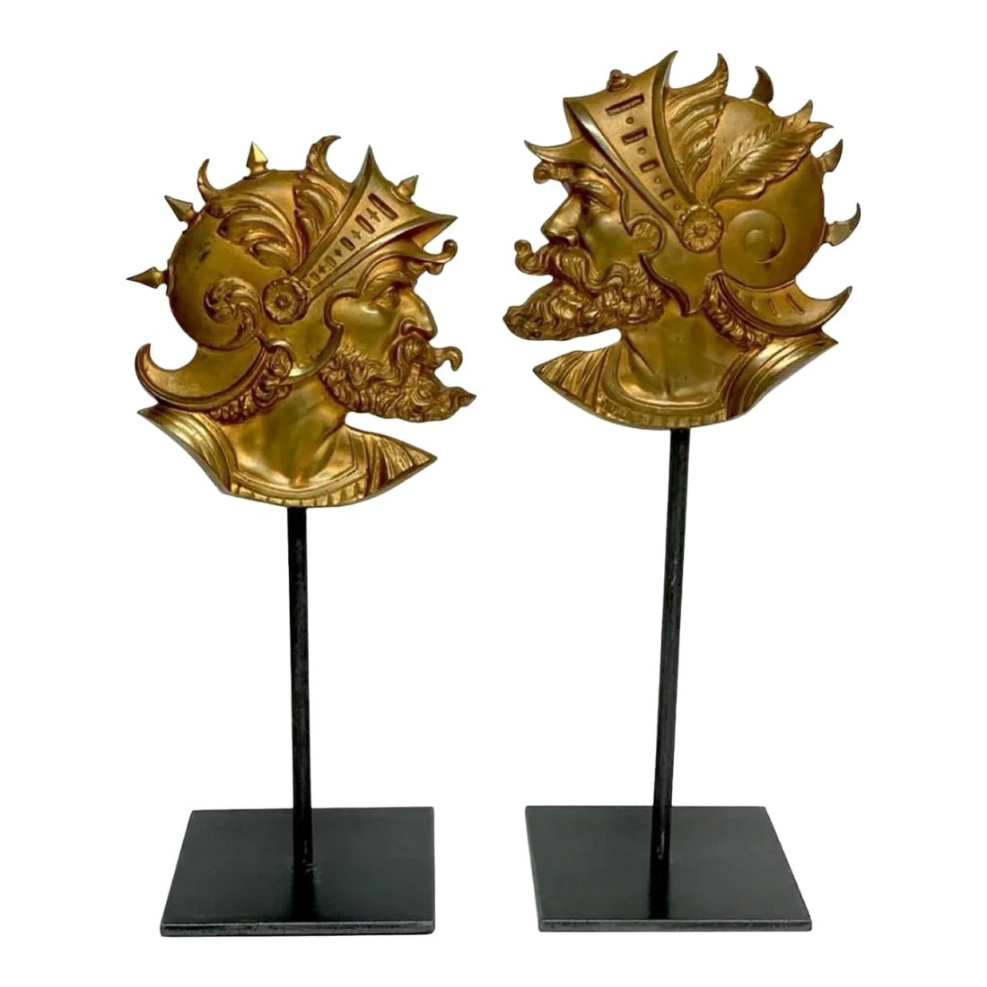 Italian Grand Tour 19Th C. Gilt Bronze Roman Soldiers Medallions on Stand, A-Pair: Just in this pair of late 19th c. Italian Grand Tour Gilt Bronze Roman Soldiers Medallions on Iron Stand. They are a pair as they face each other but they are staggered in height . The tallest is 16"