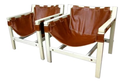 Vintage Carlo Hauner for Forma Italian Safari Brown Pair Leather Lounge Chairs