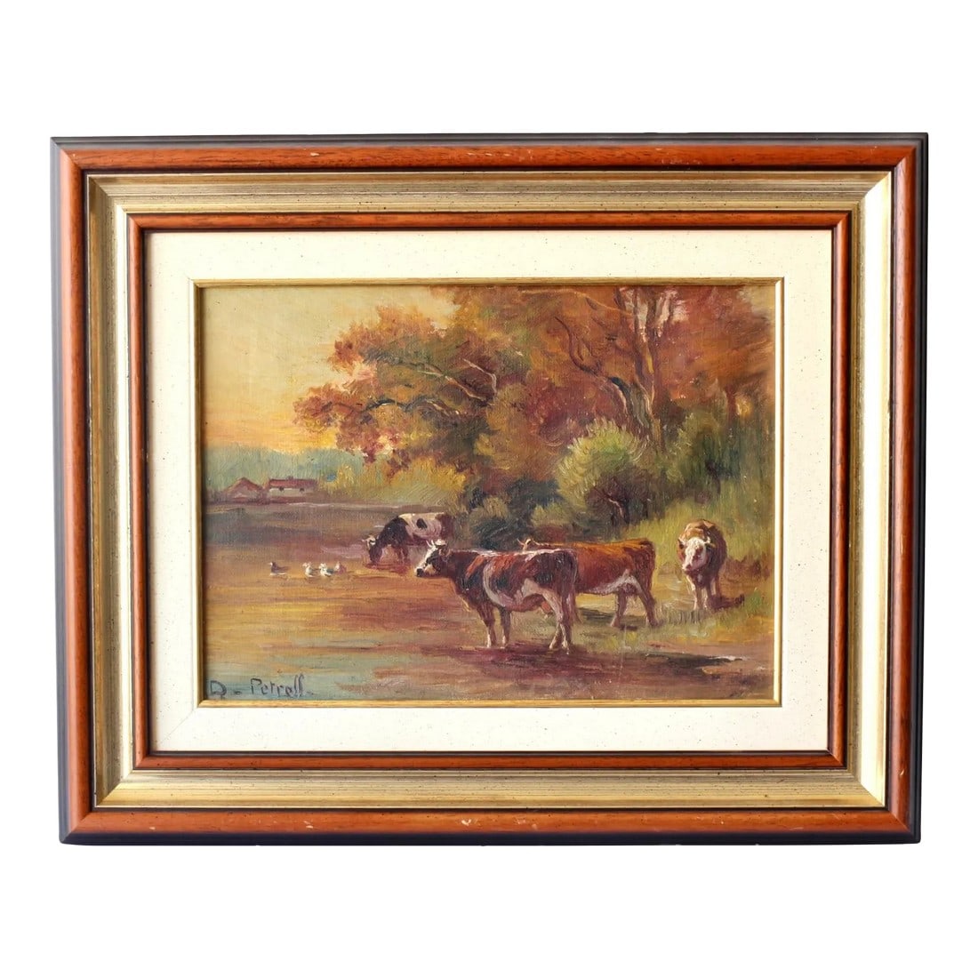 French Pastoral Landscape W/ Cows Oil Painting, Dated 1931: Painted in 1931 by D. Petroff, a Russian artist who emigrated to France after the 1917 Russian Revolution, this pastoral oil painting captures the calm of rural life. Cows graze by a quiet pond, frame