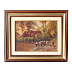 French Pastoral Landscape W/ Cows Oil Painting, Dated 1931