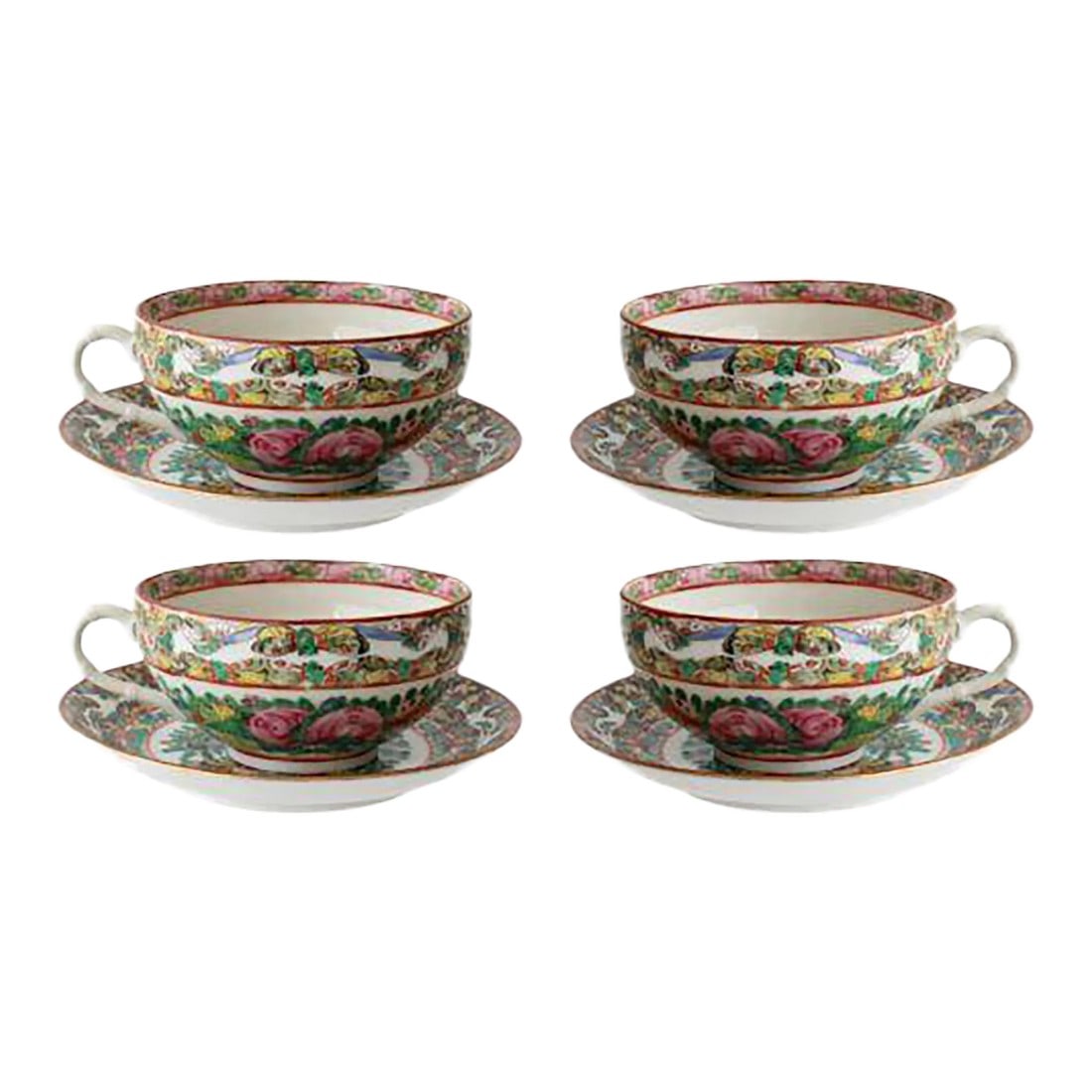 Chinese Rose Medallion Cup & Saucer, S:4: This vibrant set of Chinese Rose Medallion tea cups and saucers showcases a classic hand-painted design, featuring intricate floral motifs, butterflies, and lush foliage in rich, vivid colors. The del