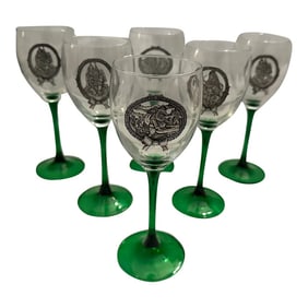 Green Stem Holiday Wine Glasses W/Pewter Santa Detail-Set of 5