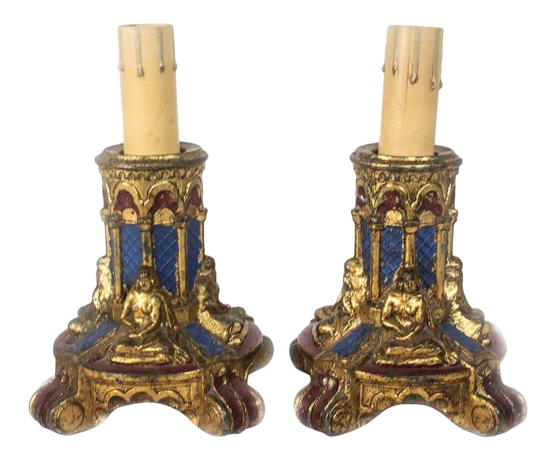 Art Deco Polychrome Electric Candle Holders: Rare pair of candle holder lamps often displayed on mantles.. They appear to be made of spelter covered with polychrome paint. The word "polychrome" derives from the Greek "polu-" (meaning many) and "