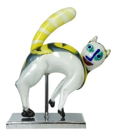 Alfredo Barbini Italian Modernist White Yellow Murano Art Glass Cat Sculpture