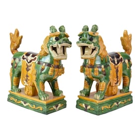 Large Pair of Asian Standing Glazed Guardian Lions