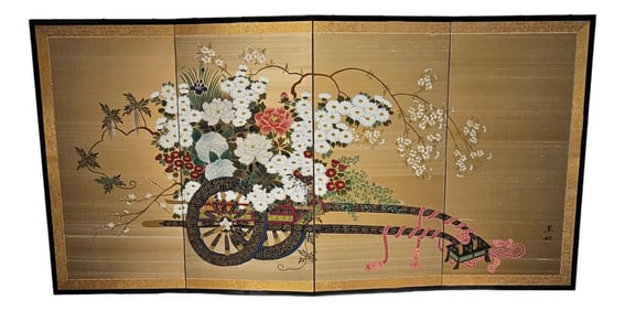 Japanese Showa Byobu Screen Divider "Flower Cart" Four Panel Japan 71"l
