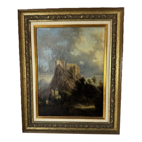 Antique European Landscape Oil Painting - Castle on a Hill, Gilded Frame