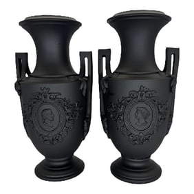 Pair of Bernard Bloch Black Matte Neoclassical Pottery Urns - Austria, Early 20th Century