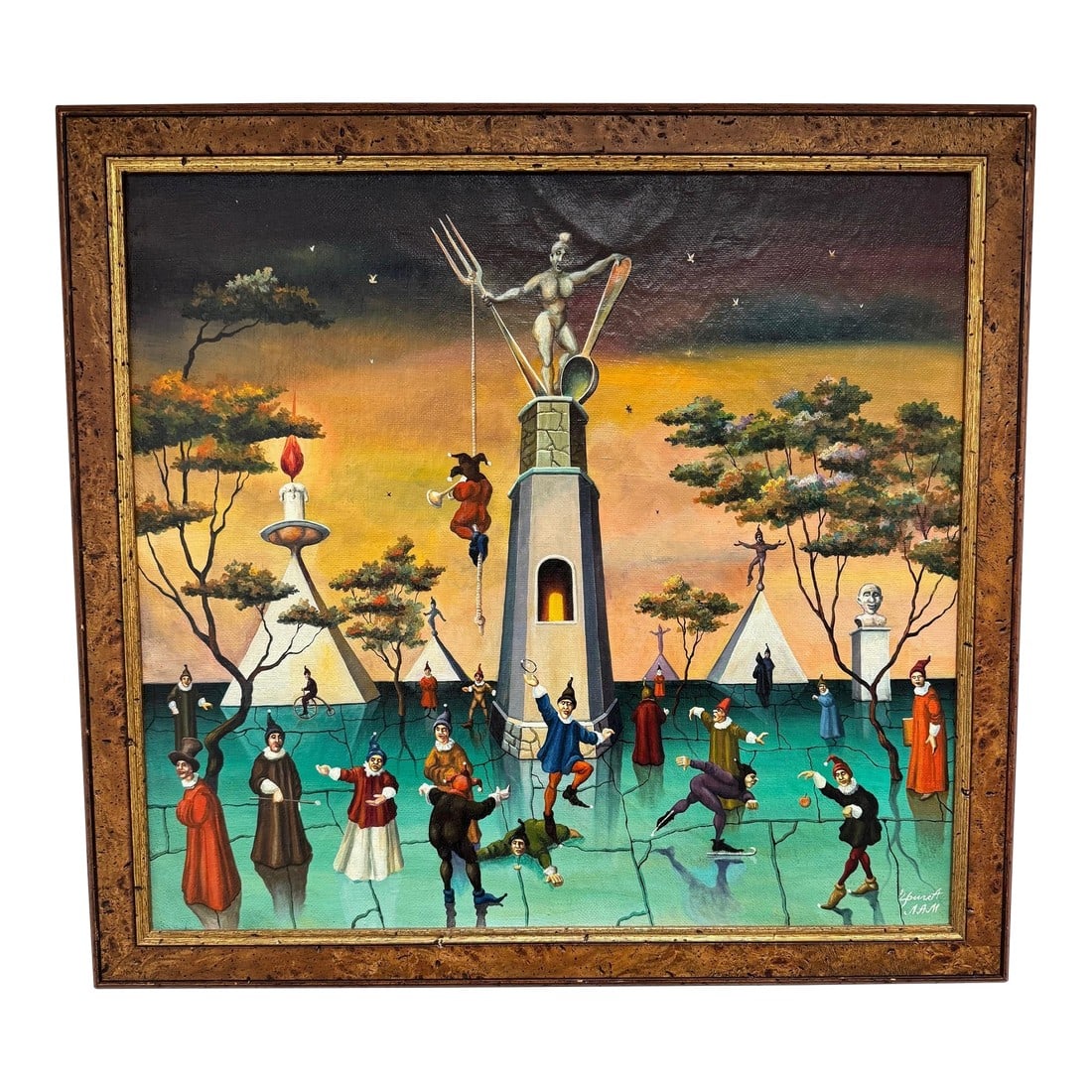 Ice Skaters (1995) - 1990s Surrealist Tribute Art: A fascinating piece of 1990s Russian School surrealist art, "Ice Skaters" is a symbolic and conceptual tribute to Russian artistic traditions. Created during the early post-Soviet era (1995), this pai