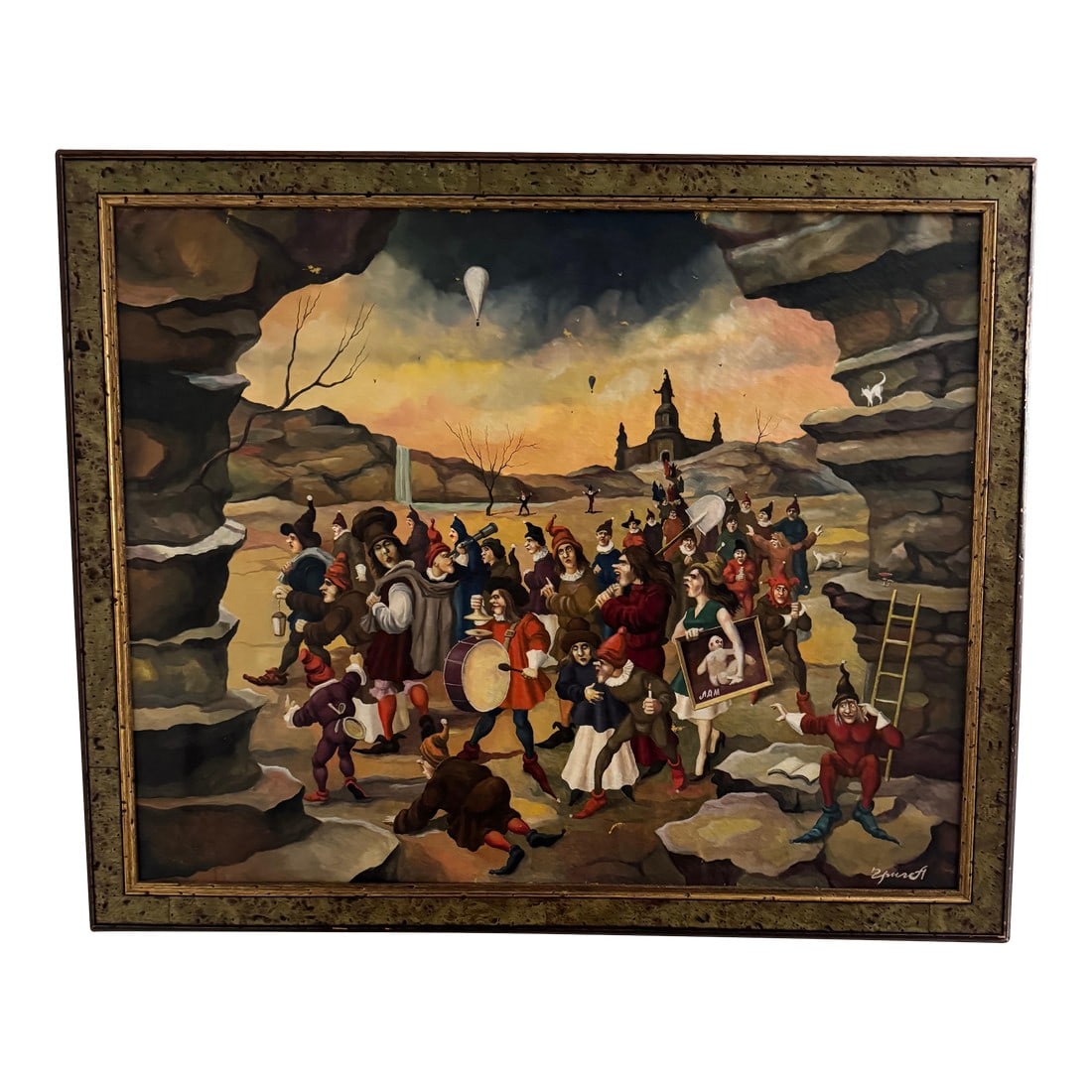 Theater-11 (1995) - 1990s Surrealist Tribute Art: This mesmerizing post-Soviet Russian School surrealist painting, "Theater-11", is an artistic enigma filled with symbolism, theatrical storytelling, and cryptic references to Russian art history. Pain