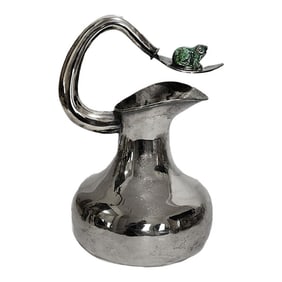 Los Castillo Taxco Silver Plate Pitcher Stone Frog Embellishment