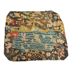 Large Antique Blue and Brown Needlepoint Tapestry Panel