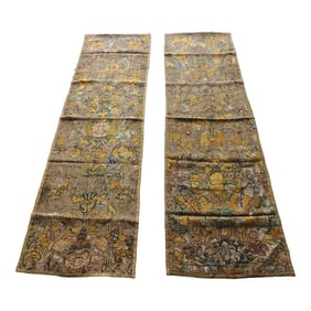 Antique Yellow and Green Embroidered Wall Hanging or Portiere Panels - Set of 2
