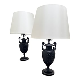 Pair of Neoclassical Black Metal Urn Table Lamps With Marble Bases and Silk-Wrapped Shades