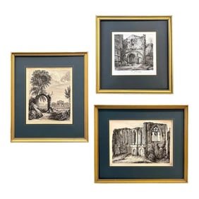 19th Century Antique English Set of 3 Gold Framed Green Mat Black White Etchings