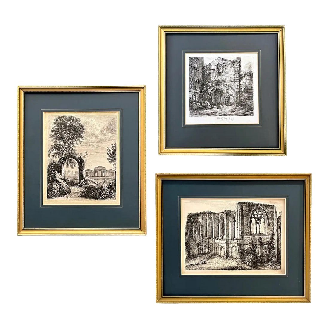 19th Century Antique English Set of 3 Gold Framed Green Mat Black White Etchings (1 of 11)