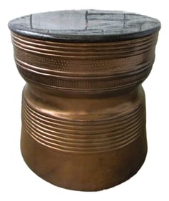 1940s Vintage Asian Bronze Rain Drum Black Terra Cotta Top Side Table