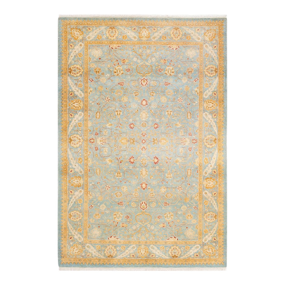 Mogul Hand-Knotted Area Rug - Light Blue, 4' 3" x 6' 2": With understated palettes and allover designs, the rugs in the Mogul Collection will bring timeless sophistication to any room. Influenced by a spectrum of Turkish, Indian, and Persian designs, the ar