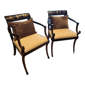 Late 20th Century Rose Tarlow Black & Gold Carved Chinoiserie Rope Armchairs - Pair