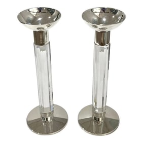 1970s Mid Century Modern French Pair of Crystal & Chrome Faceted Candle Holders