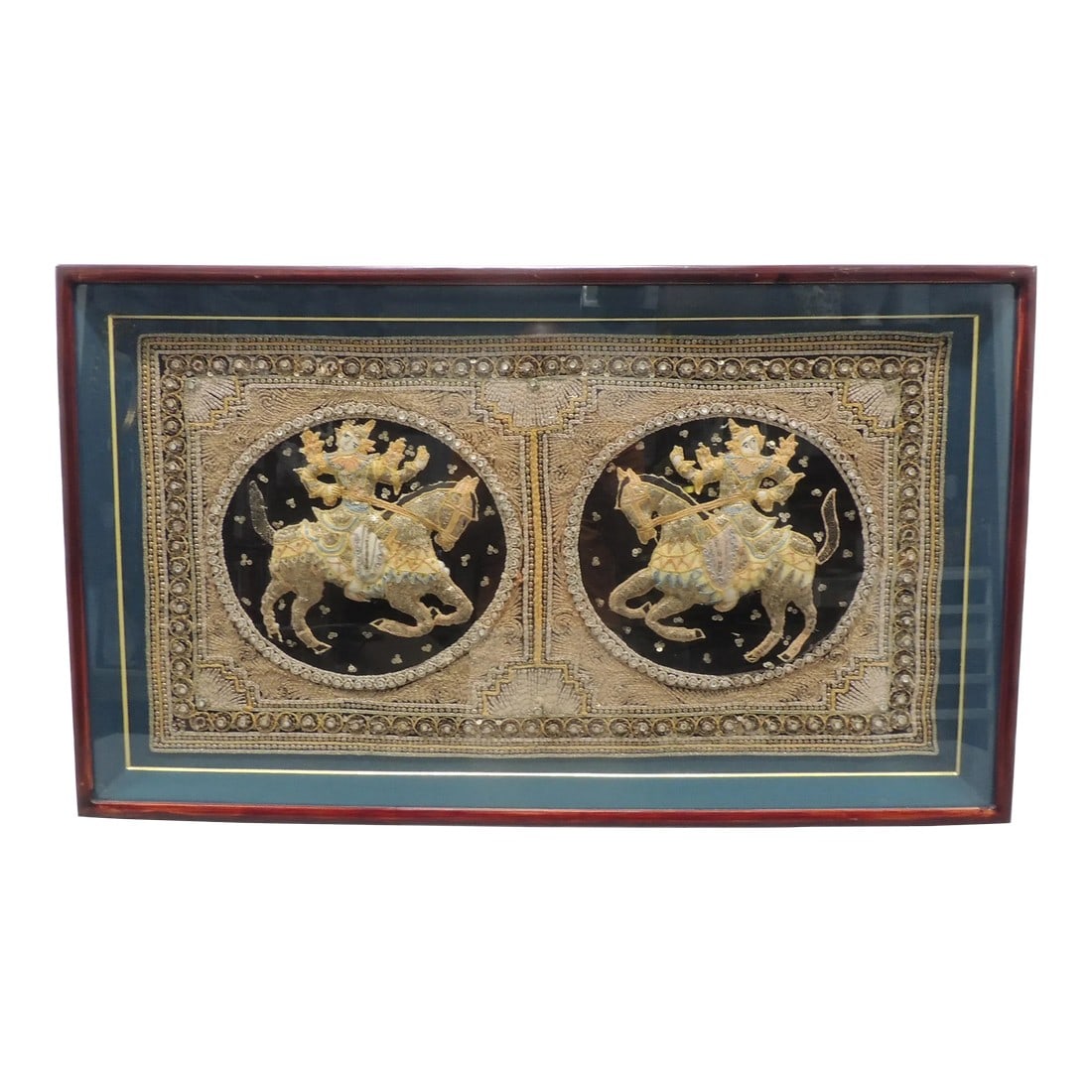 Antique Framed Burmese Beaded & Embroidered Kalaga Tapestry: Antique Framed Burmese Beaded & Embroidered "KALAGAS" Tapestry. From Myanmar (Burma) Linen, silk, velvet embellished with sequins, beads and pearls. Tapestry depicting scenes from ancient epic Hindu p