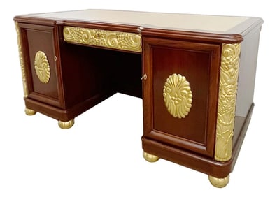 1920s French Art Deco Leather Writing Top Giltwood Carving Rosewood Desk