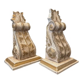 Pair of Mid 20th Century Carved Wood Wall Brackets - Gilded & Distressed Finish