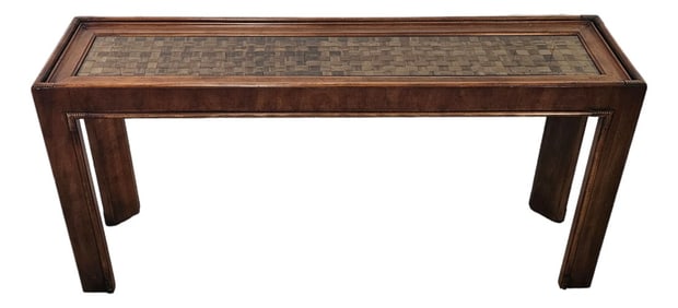 1970s Drexel Heritage Bamboo Look Console Table With Glass Top & Rattan Inset - 56″